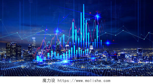 蓝色光效城市夜景金钱符号城市金融科技金融背景